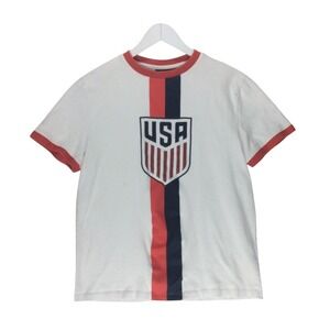 US Soccer USA Crest Ringer T-Shirt Mens Medium White Red Navy Stripe Tee
